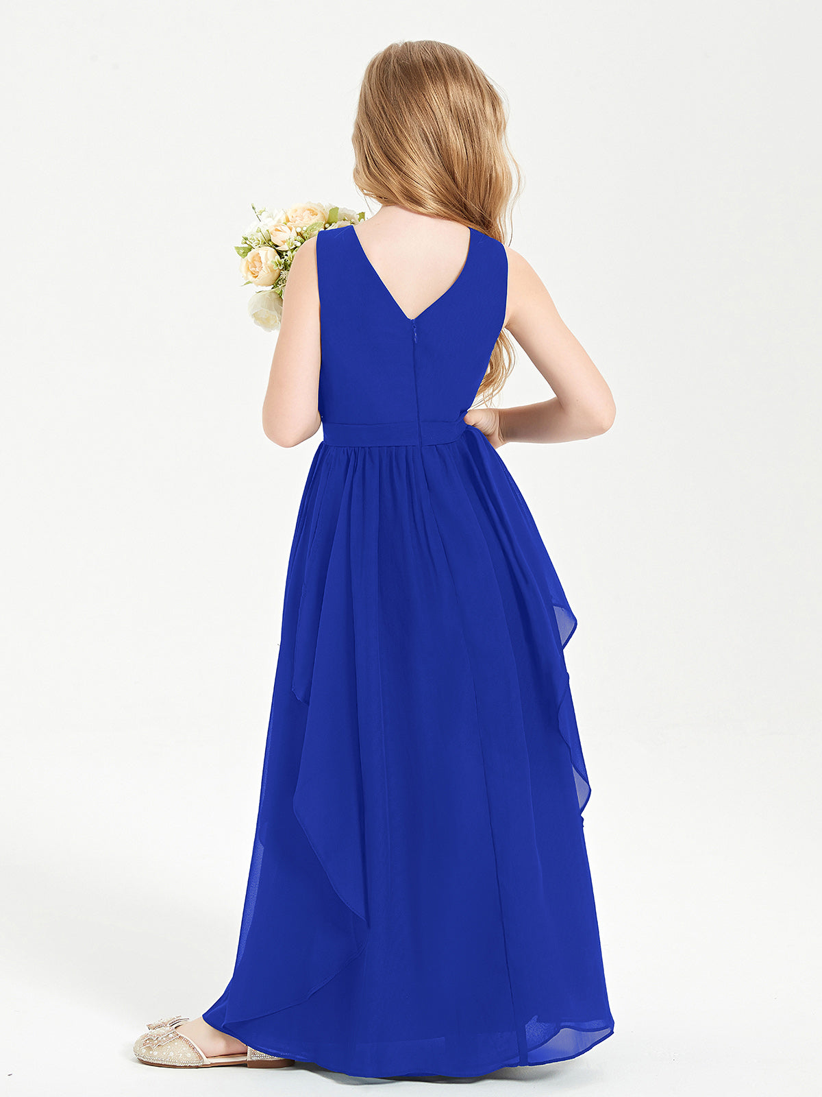 Boho Sleeveless Junior Chiffon Bridesmaids Gown Royal Blue